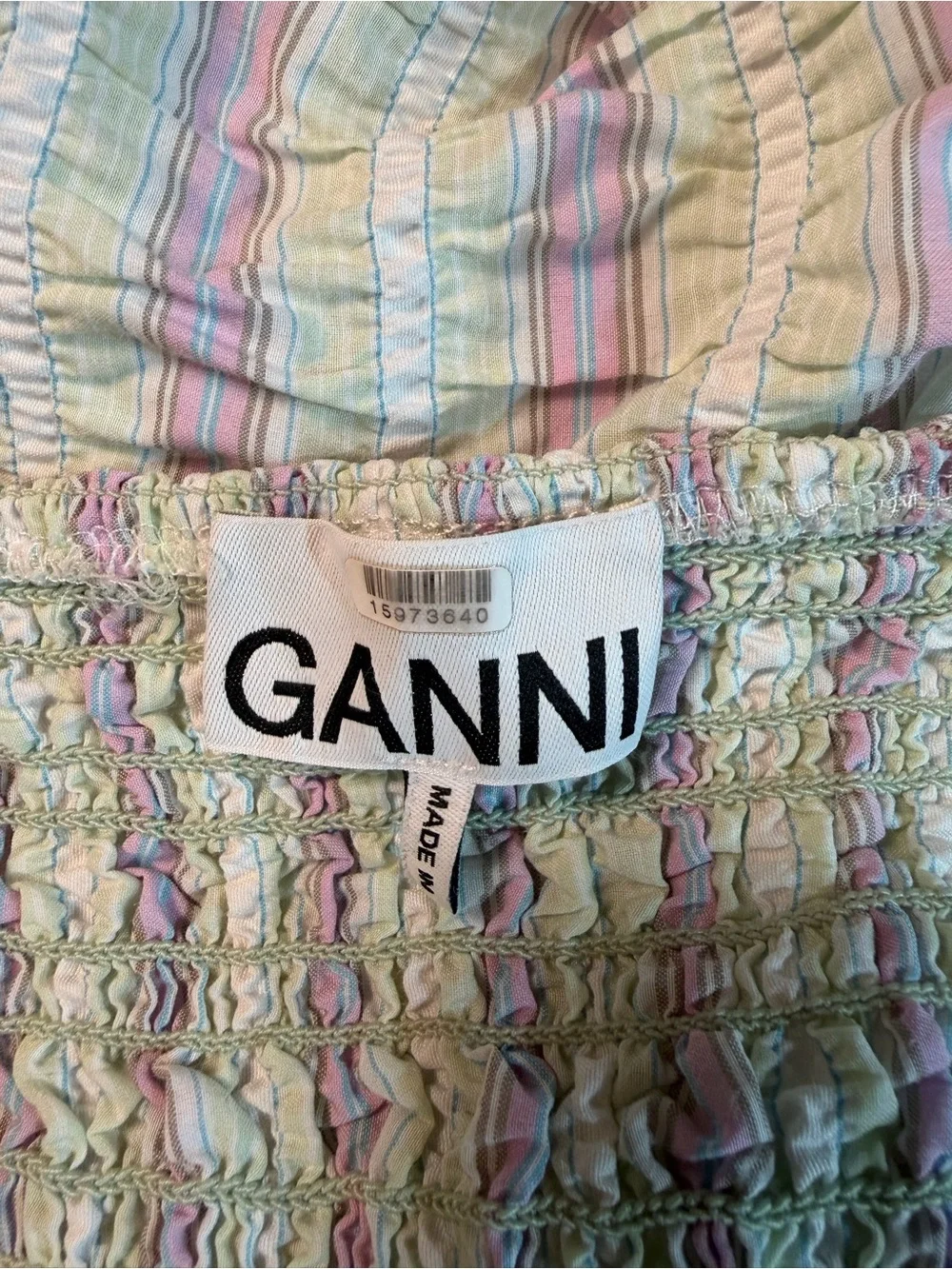 GANNI Pastel Striped Seersucker Midi Dress